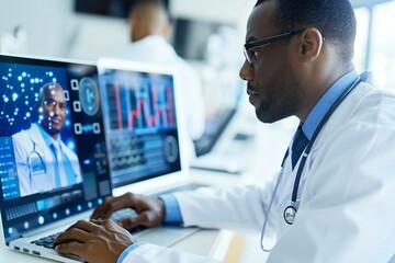 Close-up of a doctor's hand utilizing holographic screens to video conference with a beautiful African male colleague on a laptop.
