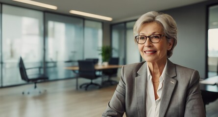 Senior business woman in office, blank advertisement banner background with copy space