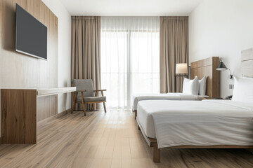 Modern hotel room interiors in neutral colors with a bed placed next to a large window. Commercial interior design composition.