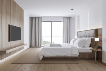 Modern hotel room interiors in neutral colors with a bed placed next to a large window. Commercial interior design composition.