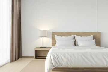 Modern hotel room interiors in neutral colors with a bed placed next to a large window. Commercial interior design composition.