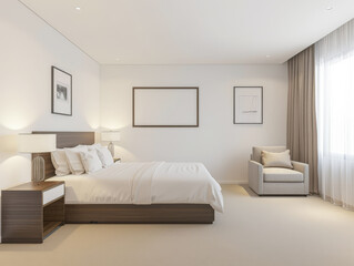 Modern hotel room interiors in neutral colors with a bed placed next to a large window. Commercial interior design composition.