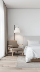 Modern hotel room interiors in neutral colors with a bed placed next to a large window. Commercial interior design composition.