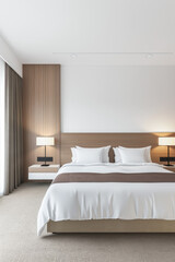 Modern hotel room interiors in neutral colors with a bed placed next to a large window. Commercial interior design composition.