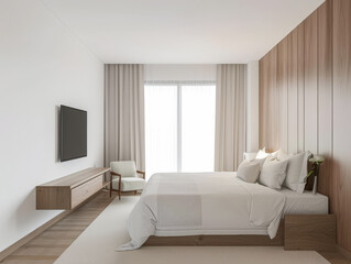 Modern hotel room interiors in neutral colors with a bed placed next to a large window. Commercial interior design composition.