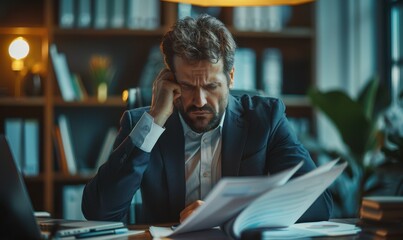 Fototapeta premium Stressed businessman with paperwork holding documents in office at desk
