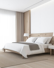 Modern hotel room interiors in neutral colors with a bed placed next to a large window. Commercial interior design composition.