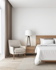 Modern hotel room interiors in neutral colors with a bed placed next to a large window. Commercial interior design composition.
