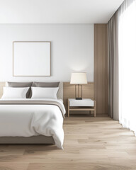 Modern hotel room interiors in neutral colors with a bed placed next to a large window. Commercial interior design composition.