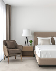 Modern hotel room interiors in neutral colors with a bed placed next to a large window. Commercial interior design composition.