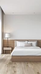 Modern hotel room interiors in neutral colors with a bed placed next to a large window. Commercial interior design composition.