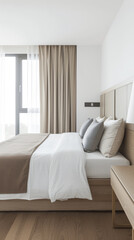 Modern hotel room interiors in neutral colors with a bed placed next to a large window. Commercial interior design composition.