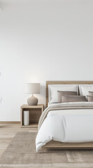 Modern hotel room interiors in neutral colors with a bed placed next to a large window. Commercial interior design composition.