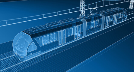 city ​​electric tram 3D illustration