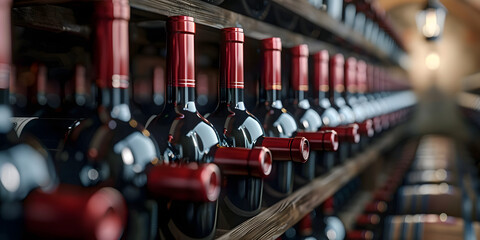 Exploring an Upscale Wine Cellar Filled with Various Red Wine Bottles. 