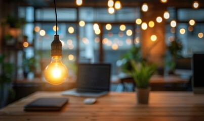 Warm, inviting workspace with soft lighting from hanging bulbs. Modern office setup with focus on a glowing light in a blurred background