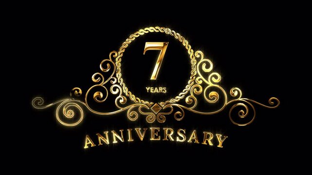 7th Anniversary Celebration. Happy 7 Years Anniversary Animation in Gold Color on the Transparent Background, Alpha Channel. Great for greetings, celebrations, events, and gifts.