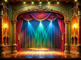 Vibrant theater stage illuminated by a single spotlight, set against a bright colored backdrop with ornate decorations, ready for an opera performance to unfold.