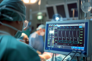 Medical team monitoring patient vital signs during surgical procedure in the hospital operating room. Generative AI