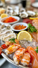 Gourmet seafood platter featuring oysters, lobster, caviar, and scallops. AI generative.