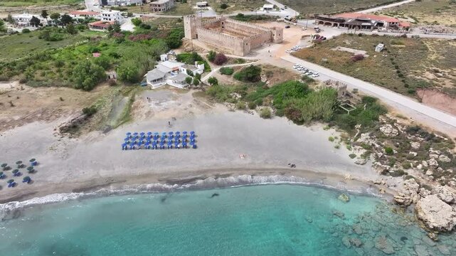 Aerial view of Venetian Castle of Frangokastello, in front of Lefka Ori Mountains (White Mountains), Chania region, Crete, Greek Islands, Greece