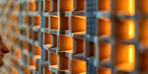 Detailed view of soundproof room walls with acoustic materials and sensors.