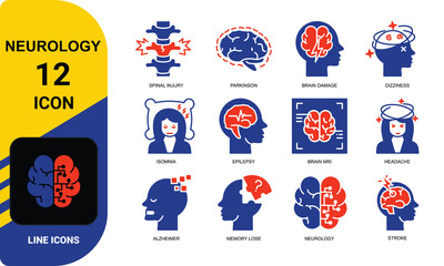 Neurology icons such as Alzheimer's disease, Parkinson, insomnia, epilepsy and more. Editable stroke.