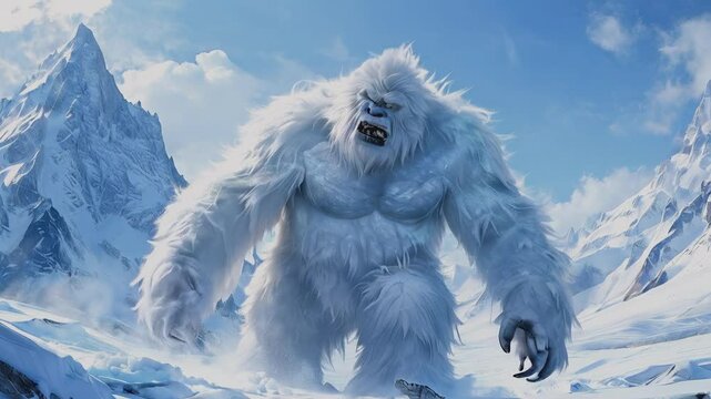 A massive Yeti creature roams the snowy mountains, showcasing its immense power and mythical presence. The icy landscape and the Yeti's intimidating size create an atmosphere of mystery and legend