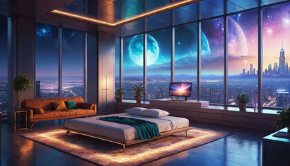 Fototapeta premium Aero view of the downtown of a big city against the backdrop of sunset.