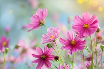 Fototapeta premium Closeup of Pink Cosmos Flowers in a Field