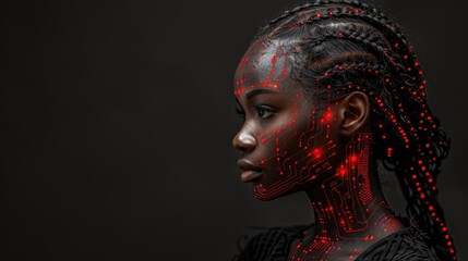 AI cyber security threat illustration, black African American female IT specialist analyzing data information technology, augmented reality artificial intelligence collage, side profile, copy space