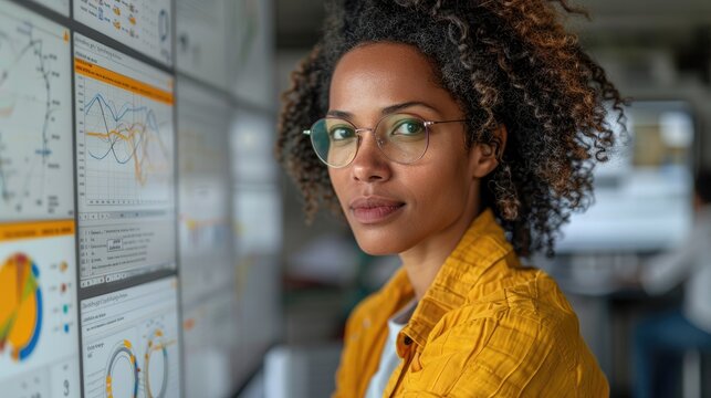AI cyber security threat illustration, black African American female IT specialist analyzing data information technology, augmented reality artificial intelligence collage, side profile, copy space - Powered by Adobe