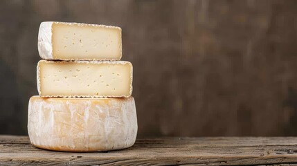Rustic cheese wheels on wooden surface with brown background. Ideal for dairy, gourmet, and culinary themes.