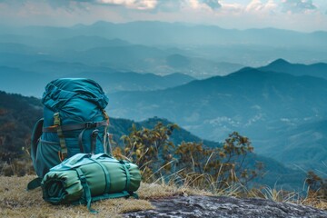 Scenic adventure awaits with packed hiking gear overlooking majestic mountain range. Perfect for outdoor enthusiasts seeking tranquility and exploration. Ideal for nature imagery. Generative AI