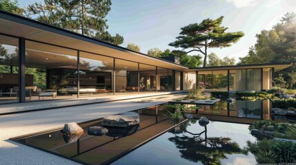 Obraz premium A modernist home with a flat roof, large glass panels, and a minimalist garden with a reflecting pool and zen elements.