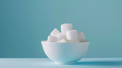 Sugar cubes stacked in white bowl on blue background empty space