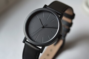 Men's wristwatch with black leather strap on a gray background.