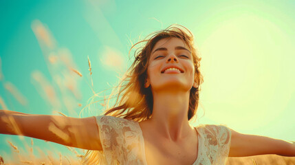 Joyful Young Woman Embracing Nature Outdoors, Relaxing Under Warm Sunlight in a Field, Feeling Happy and Free, Daytime, Positive and Blissful Mood