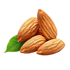 A bunch of almonds with a leaf on top