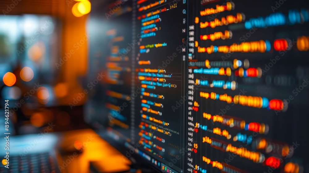 Poster close-up of colorful programming code on computer screen in modern work environment at dusk; symboli