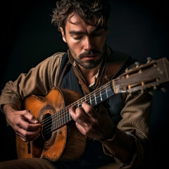 Obraz premium Young man playing acoustic guitar on dark background. Selective focus.