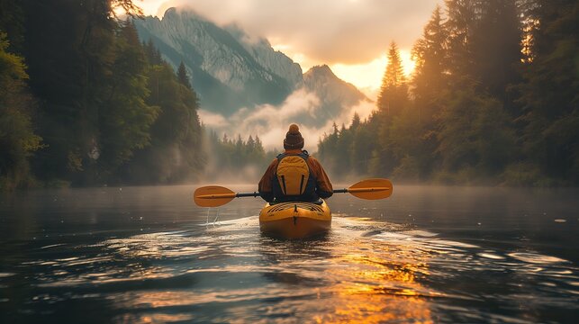 Kayaking on Serene Mountain Lake at Sunrise for Outdoor Adventure and Travel Themes