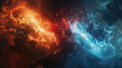 The right side of the picture is fire, and on one it has flames that glow in red color, while the left part shows clouds with blue hues