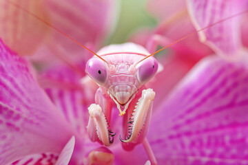 A rare and brilliantly colored orchid mantis blending seamlessly with a pink orchid flower