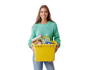 Woman smiling while holding a yellow recycling bin willed with waste. Generative AI.