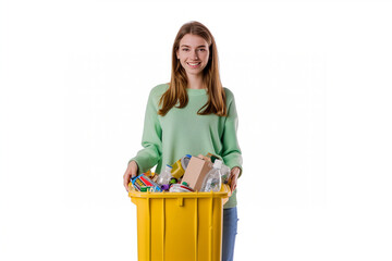 Woman smiling while holding a yellow recycling bin willed with waste. Generative AI.