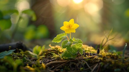 A small yellow flower growing in the forest, surrounded by moss and grass, illuminated by sunlight