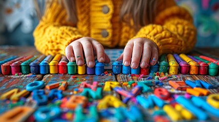 Fototapeta premium A close-up shot of a wooden desk covered with alphabet, vibrant markers, and drawing paper, with a child's hands