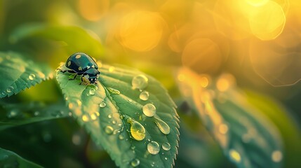 A small ladybug perched on the edge of an intricate green leaf, surrounded by dewdrops glistening in the sunlight