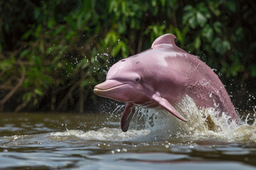 Fototapeta premium A rare and playful pink river dolphin leaping out of the water in the Amazon River